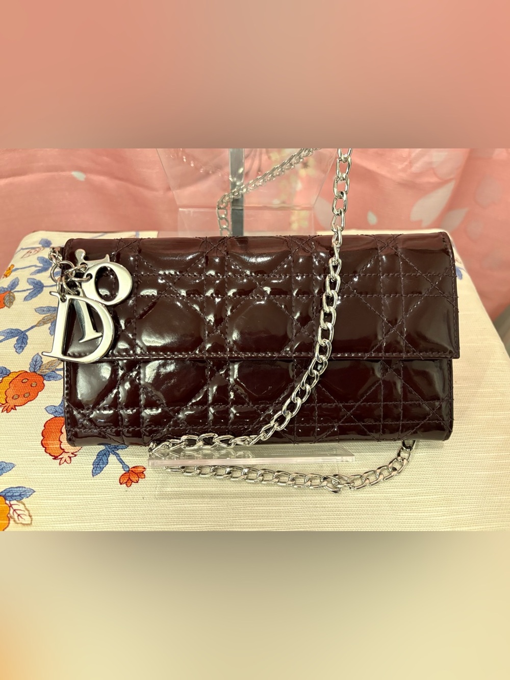 Christian Dior Lady Dior Cannage Patent Leather Long Wallet Charms Aubergine COA